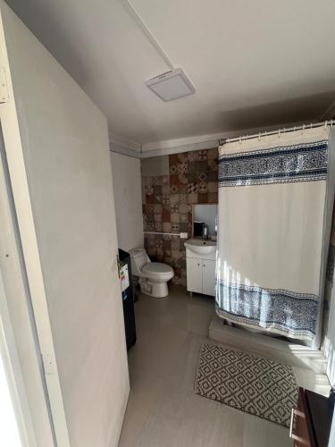 a bathroom with a toilet and a shower curtain at Natural Lodge Maitencillo in Maitencillo