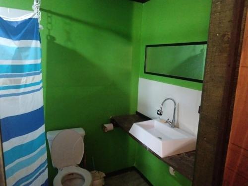 ein grünes Bad mit einem Waschbecken und einem WC in der Unterkunft La viuda del diablo cabañas in Punta Del Diablo