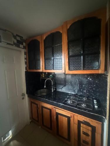 a kitchen with a sink and a stove and cabinets at La casa de Belén in Valdivia