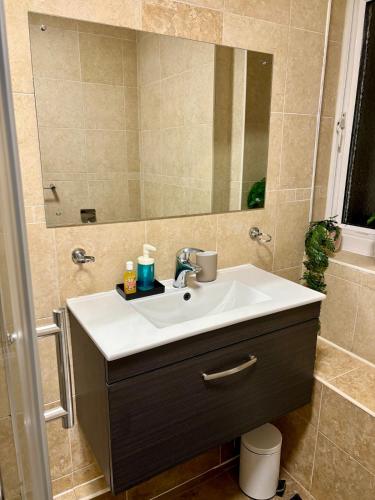 a bathroom with a sink and a mirror at Bright and Spacious 2 Bed Flat Sleeps 5 in Nottingham
