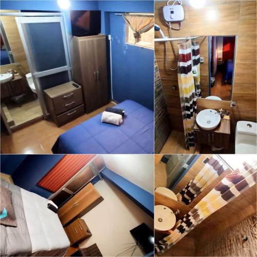 a collage of four pictures of a bathroom at Casa Mirador guesthouse in Cusco