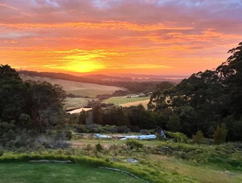 a sunset over a field with the sun setting in the background at Serendeva: Stunning views, private & EV charger in Denmark