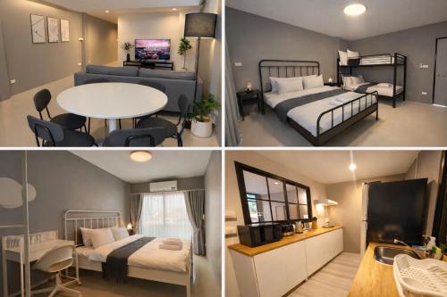 three pictures of a room with two beds and a table at Chiangrai Airport, Private & Cozy house in Ban Du
