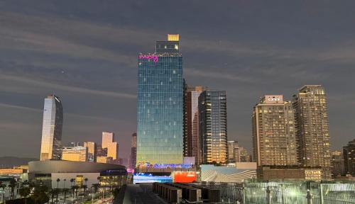 a view of a city skyline with tall buildings at DTLA prime one bedroom steps away from Crypto in Los Angeles