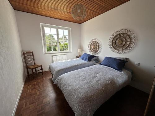 twee bedden in een kamer met een raam bij Le gite grues cendrees in Arjuzanx