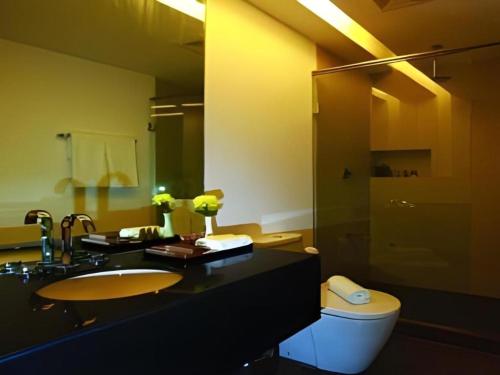 a bathroom with a toilet and a sink and a mirror at Ciriaco Hotel in Rauis