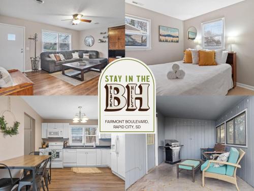 a collage of photos of a bedroom and a bed in a room at Pet Friendly Large Fenced Backyard Covered Patio in Rapid City
