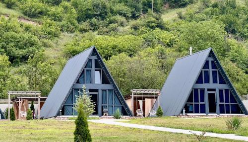 een huis met twee puntdaken op een veld bij Green Villa Resort White in Dilidzjan