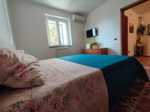 ein Schlafzimmer mit einem Bett mit einer blauen Decke und einem Fenster in der Unterkunft La Casa del Fungo in Montalto Uffugo