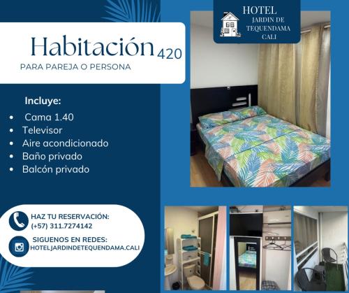 eine Collage mit Bildern eines Schlafzimmers mit einem Bett in der Unterkunft JARDIN DE TEQUENDAMA HOTEl in Cali