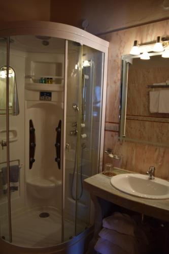 a bathroom with a shower and a sink at Vasilios Apartments Hotel in Limeni