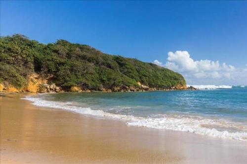 a beach with the ocean and a hill with trees at Daria Beachfront community steps 2 pool- Generator in Brenas