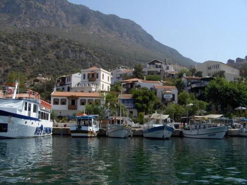 un grupo de barcos están atracados en un puerto en Denizci Pension en Kas