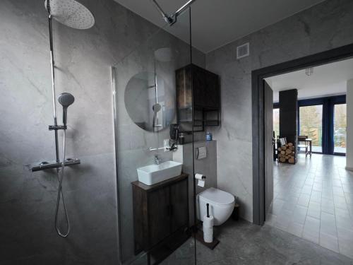ein Badezimmer mit Waschbecken, Dusche und Toilette in der Unterkunft Domki Przystankowe 4 żywioły in Smerek