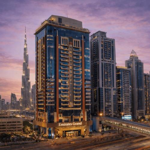 a tall building in the middle of a city at Emirates Grand Hotel in Dubai