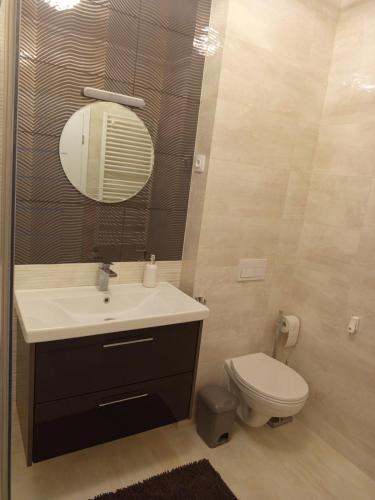 a bathroom with a sink and a toilet and a mirror at President Apartmanház - Nincs szomszéd - Egy időben,egy társaság - in Békéscsaba