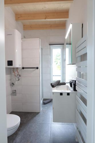 a white bathroom with a toilet and a sink at Ferienhaus Kisselblick in Bad Salzungen