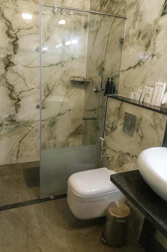 a bathroom with a shower and a toilet and a sink at Sonemale Resort Chikmagalur in Mudigere