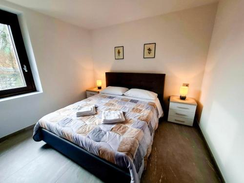 una camera da letto con un letto con due cuscini sopra di Casa da Normi a Valdisotto