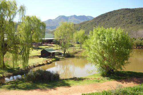 a view of a river with a building and trees at Wilgewandel Holiday Farm & Day Restaurant in Oudtshoorn