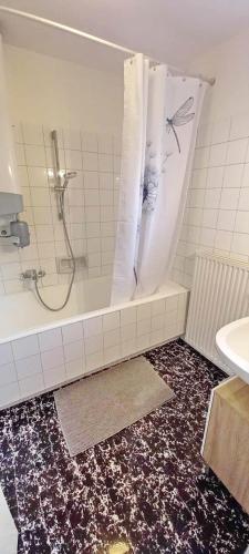 a bathroom with a shower and a tub and a sink at Pr Pogorev in Begunje na Gorenjskem