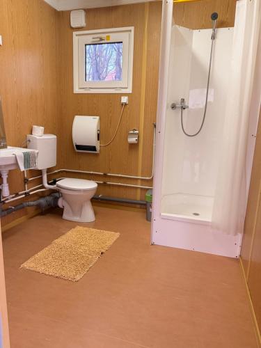 a bathroom with a toilet and a shower at GreenPark Tiny House, Garden Terrace & Parking in Bekecs