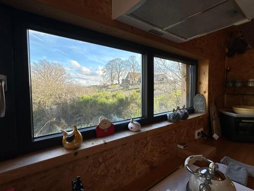 a window in a kitchen with a sink and a view at Domaine de Hurlevent - Tiny House petite maison écologique in Aywaille