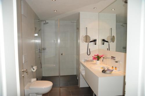 a bathroom with a shower and a toilet and a sink at Hotel Adler - Weil am Rhein in Weil am Rhein