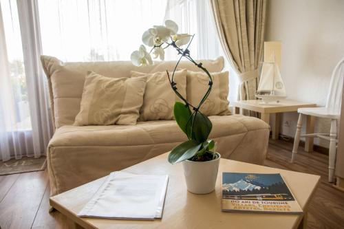 a living room with a couch and a table with a plant at Appartements dans la Résidence Panorama in Villars-sur-Ollon