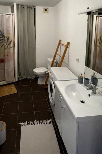 a bathroom with a white sink and a toilet at Vaste studio 3 personnes avec balcon et parking in La Teste-de-Buch