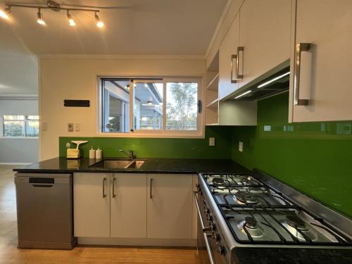 a green kitchen with a stove and a sink at The Sweet Pea- Room 4 in Hamilton