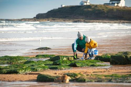 Een paar mensen zijn aan het werk op het strand. bij SummerBreeze Retreat in Hartley