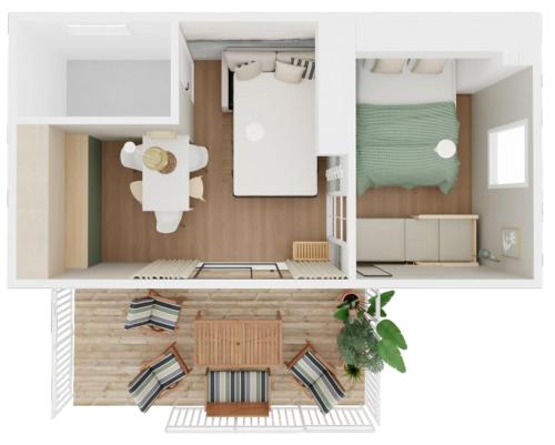 een plattegrond van een kleine kamer met: bij Feriensiedlung Schwalbennest in Dranske