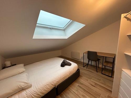 ein Schlafzimmer mit einem Bett und einem Dachfenster in der Unterkunft Beautiful comfortable apartment - Geneva in Prévessin-Moëns