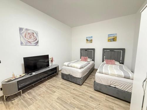 ein Schlafzimmer mit zwei Betten und einem Flachbildfernseher in der Unterkunft Moderner Neubau nähe Lübeck in Stockelsdorf