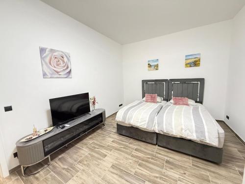 ein Schlafzimmer mit Bett und Flachbildfernseher in der Unterkunft Moderner Neubau nähe Lübeck in Stockelsdorf
