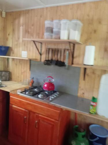 - une cuisine avec une cuisinière et une théière dans l'établissement Barberton Troop Cabin, à Barberton