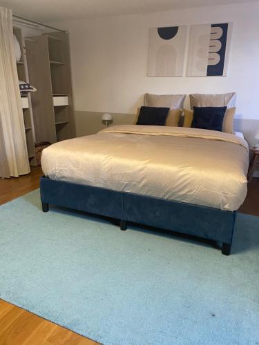 Chambre avec SDB privé في مونبلييه: سرير ذات إطار أزرق في غرفة النوم