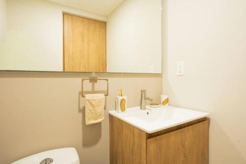 a bathroom with a white sink and a toilet at Luxury 2BR with Pool, Gym & Coworking in Mexico City