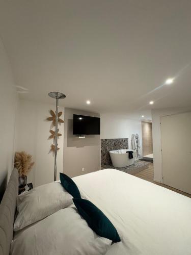 een slaapkamer met een groot bed en een bad bij Zen Room SPA luxe in Roanne