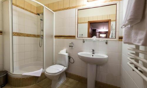 ein Badezimmer mit Toilette, Waschbecken und Dusche in der Unterkunft Hotel Staromiejski in Krasnystaw