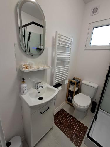 a bathroom with a sink and a toilet and a mirror at Tajný house in Stará Turá