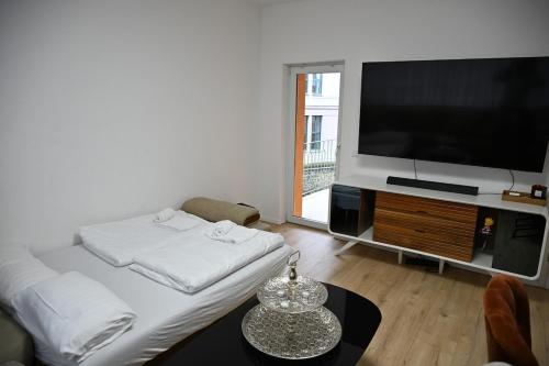 een woonkamer met een grote flatscreen-tv bij ROTH Apartments Wuppertal-HBF in Wuppertal