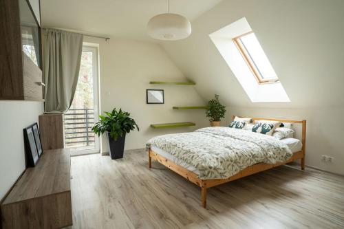 a bedroom with a bed and a large window at Willa Aleksandria in Konopiska