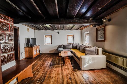 a living room with a couch and a tv at Traditional Slovenian House Pr'Belej in Zgornje Gorje