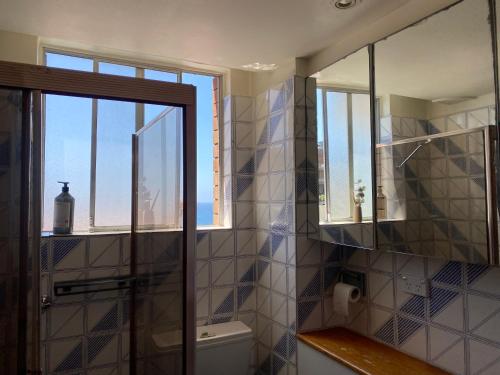 een badkamer met douche en toilet en een raam bij Beach & Ocean View Apartments Tamarama in Sydney