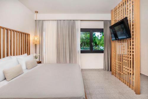 ein Hotelzimmer mit Bett und Fernseher in der Unterkunft Elies 33 Bio Retreat in Afytos