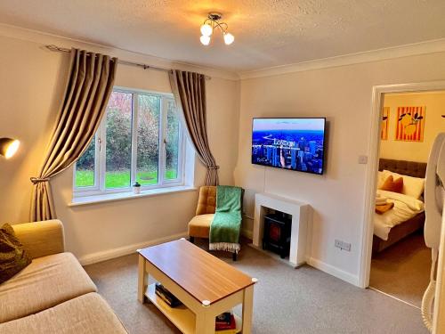 a living room with a couch and a tv at Stylish 1 Bedroom Apartment with Free Parking and Links to London & Essex in Stifford