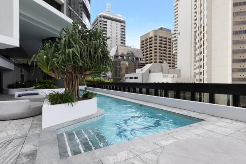 a swimming pool with a palm tree on the roof of a building at Luxury 50th Floor 2BR at Queens Wharf with Parking in Brisbane
