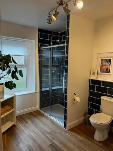 a bathroom with a shower with a toilet and a window at Delightful 1 Bedroom Cottage in Buxton